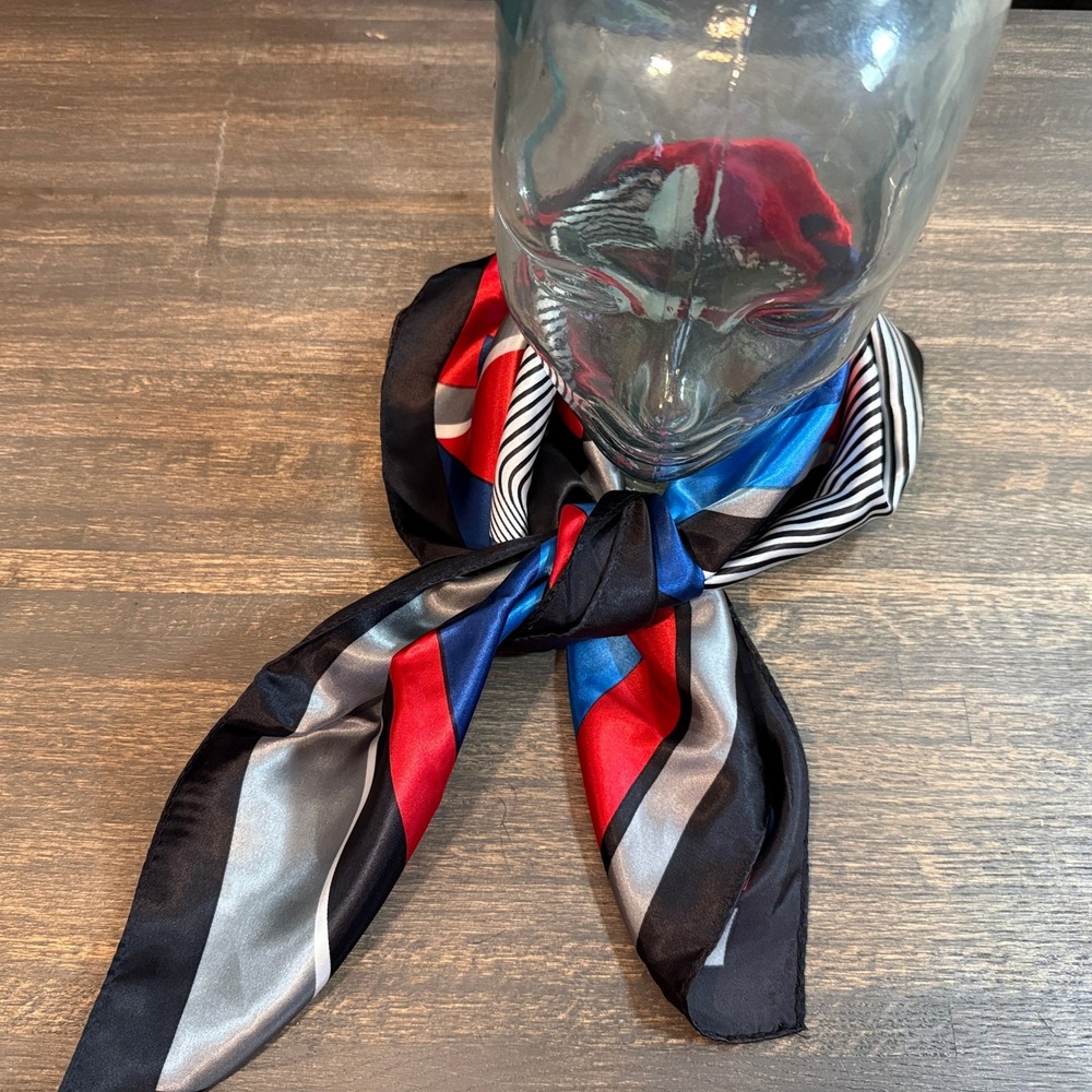 Vintage Geometric Abstract Square Scarf Red Blue Black Striped Neckerchief 21x21